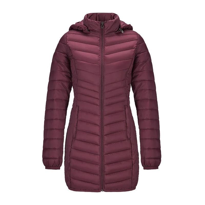 S Burgandy Ultralight Long Parka with Detachable Hood, Padded Puffer Coat