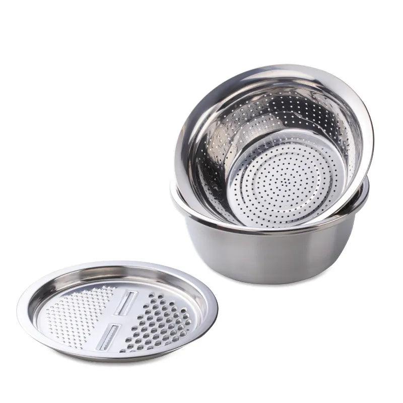 Silver Stainless Steel Basket Strainer Bowl with Vegetable Cutter Slicer for Buffet