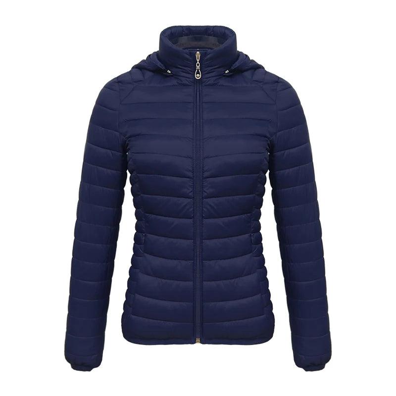 Women's Puffer Jacket 4XL Navy Blue Lightweight Warm Parka with Detachable Hood