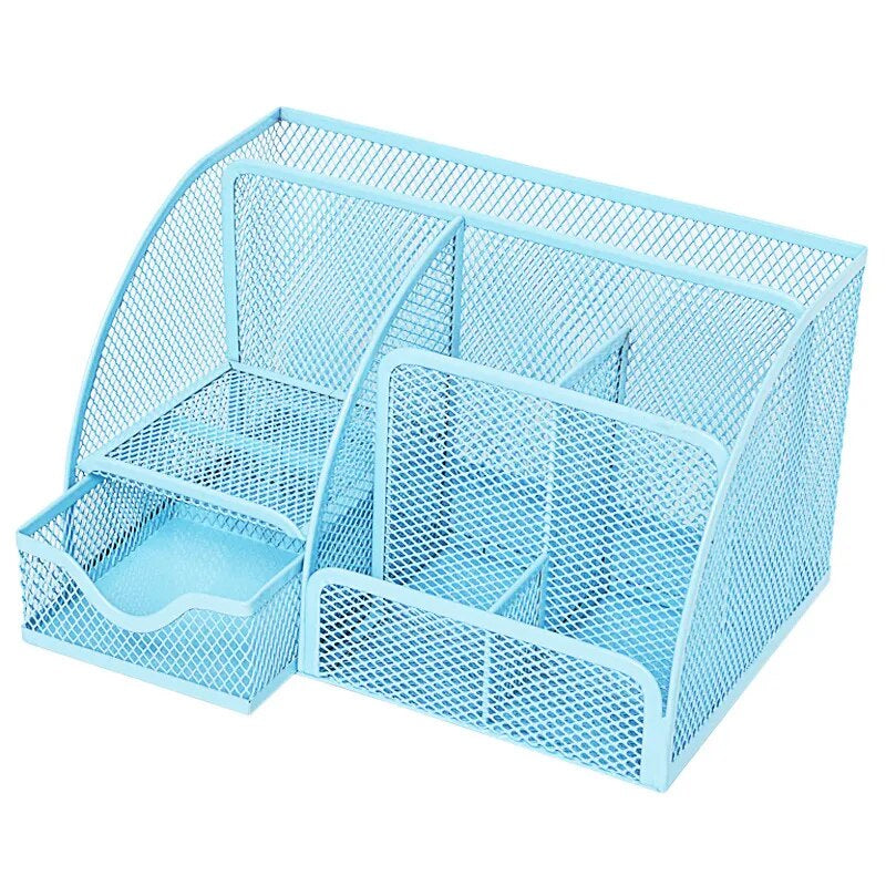 Blue Mesh Stationery Organiser with Compartments, Office and School Supplies