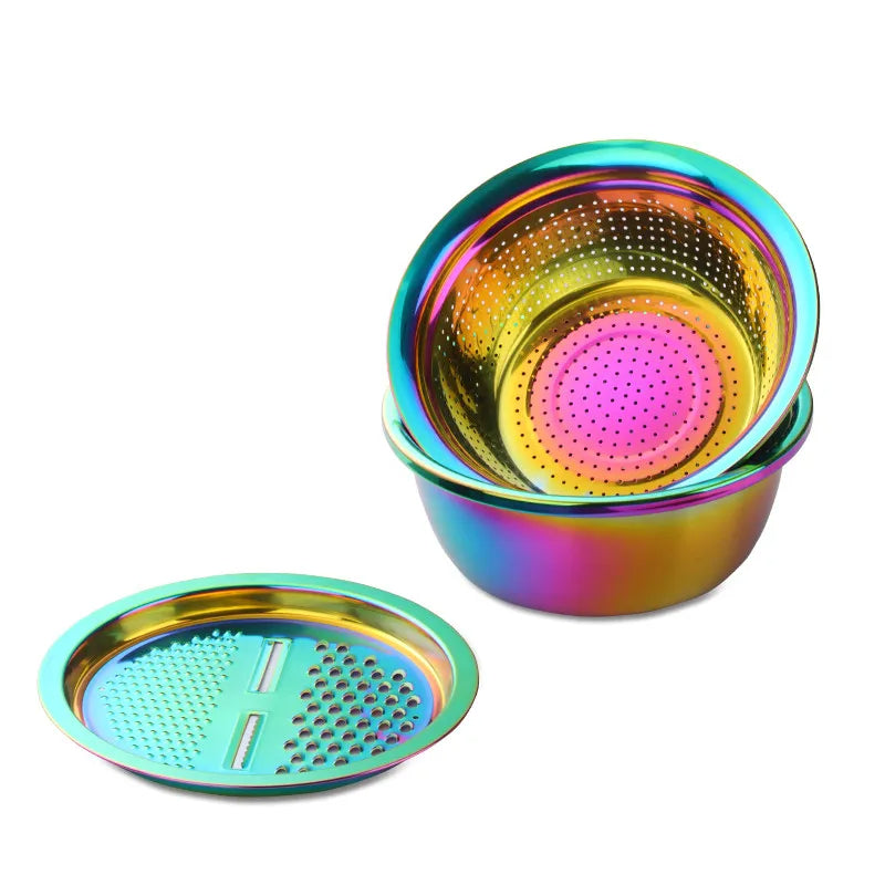 Rainbow Stainless Steel Basket Strainer Bowl with Vegetable Slicer for Buffet