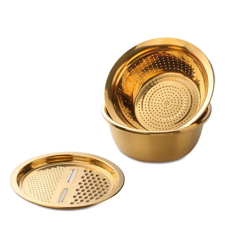 Gold Stainless Steel Basket Strainer Bowl with Vegetable Cutter Slicer for Buffet and Kitchenware