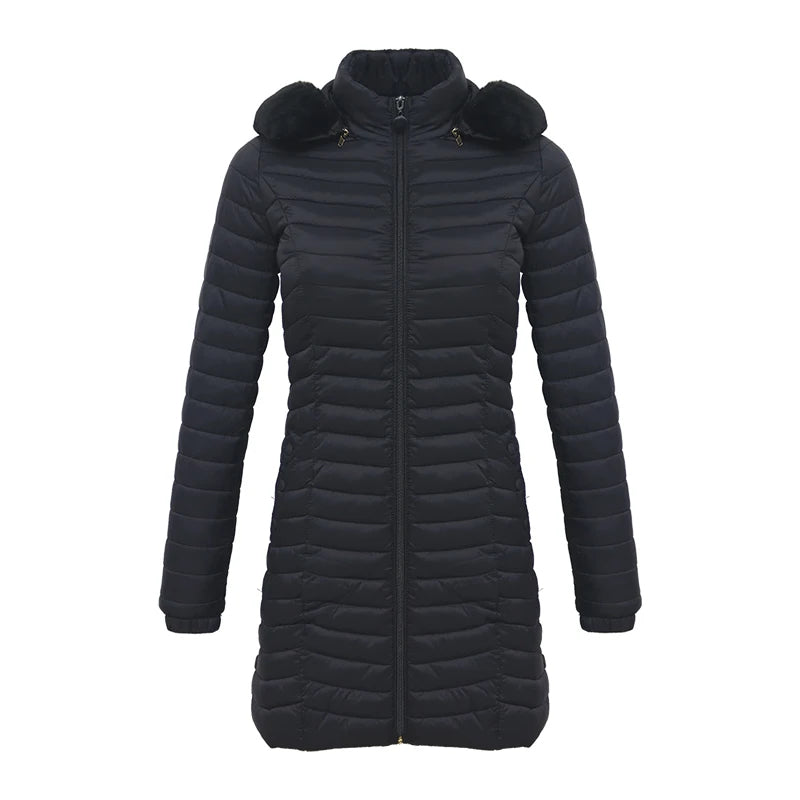 Medium Black Fur Hooded Puffer Jacket, Lightweight Outerwear