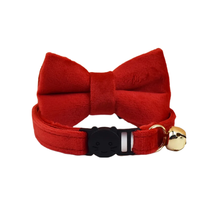 Cherry Red Bow Small Cat Collar with Buckle, Durable Strap, Stylish Pet Fashion