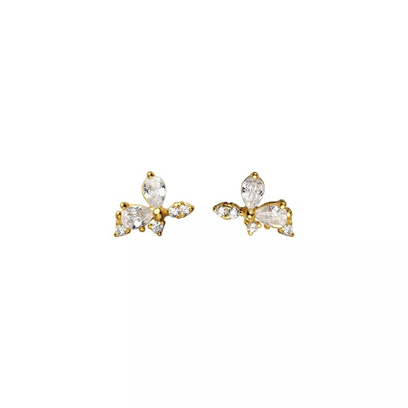 Gold 925 Sterling Sweet Shiny Zircon Flower Stud Earrings, Natural Jewellery - Free Shipping