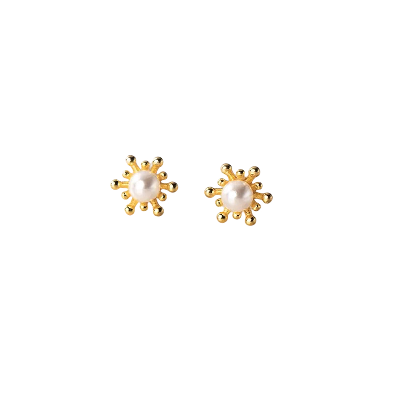 Gold Cute Snowflake Synthetic Pearl Small Stud Earrings, Fine Jewellery - Free Shipping