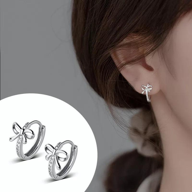 Silver Sweet Bow Shiny Zircon Ear Buckle Earrings, Versatile Fashion Accessories - Image 2