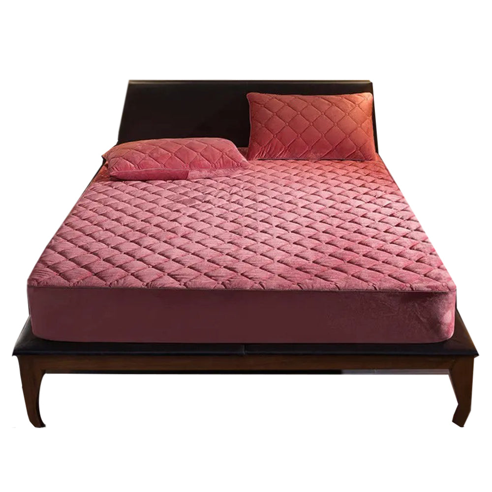 Bean Red Double Size Crystal Velvet Mattress Cover, Quilted Warm Soft Plush Bed Sheet - Free Shipping