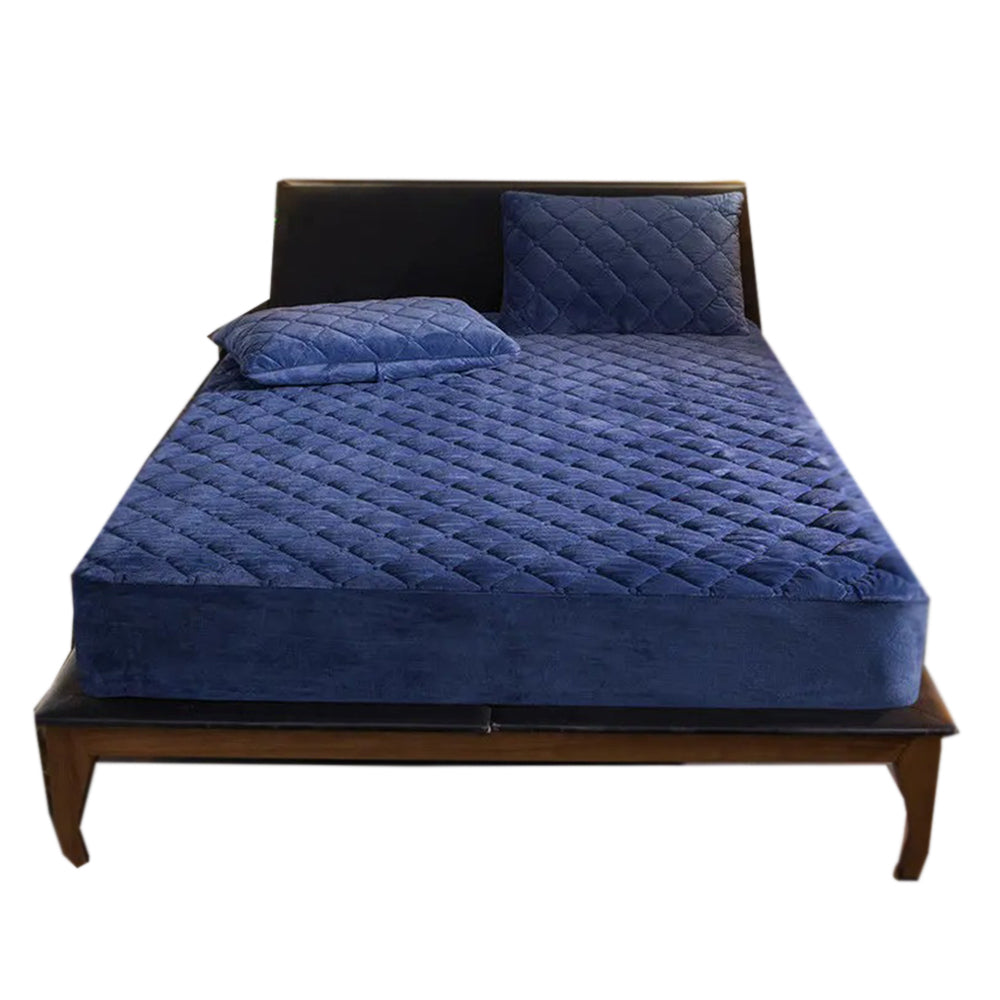 Navy Blue Crystal Velvet Thicken Quilted Warm Soft Mattress Cover, Luxury and Comfort - Free Shipping